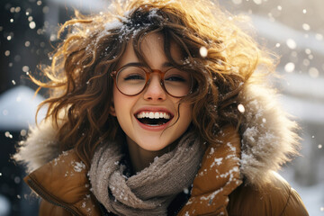 Portrait of a beautiful smiling satisfied young girl with curly hair wearing glasses outdoors in winter time