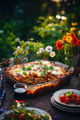 Wall Mural - Freshly Baked Delicious Lasagna in Casserole Dish, Served Outdoors