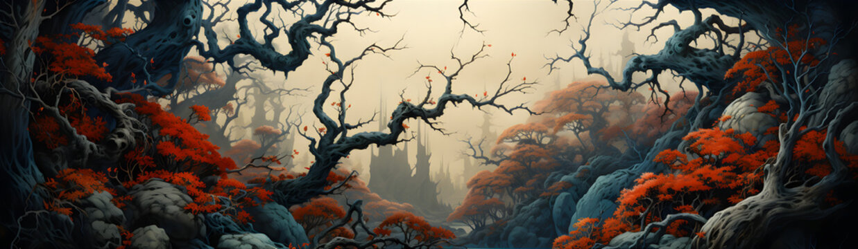 scary gnarled forest in a foggy valley. illustration on the theme of fairy tales and fantasy, landsc