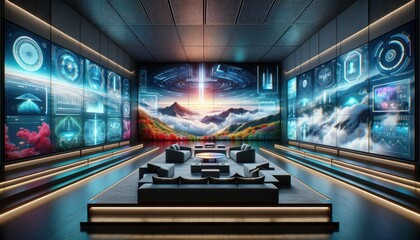 A futuristic living room with a large screen and a cozy couch, adorned with indoor art and paintings, invites you to a virtual world of bowling and captures your soul with a single screenshot