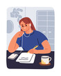 Woman student taking notes, records, listening education audio, studying with mobile phone and earphones. Female writing with pen, sitting at table with smartphone and papers. Flat vector illustration