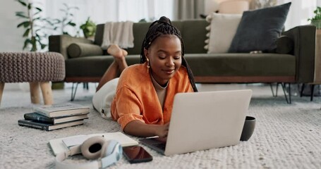 Aufkleber - Laptop, smile and woman typing on the floor in the living room of modern apartment for research. Technology, happy and young African female university student studying on a computer in lounge at home