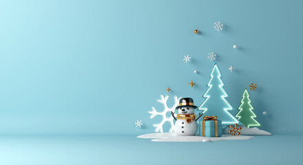 Wall Mural - Winter decoration background with snowman, neon snowflake, spruce trees, gift box cartoon style, 3d rendering illustration