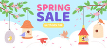 Seasonal Sale Banner With Birdhouses And Flat Birds. Hello Spring Flyer Design, Discount In Store Poster. Wooden Birdhouse Racy Vector Background