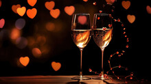 Two Glasses Of Champagne With Golden Hearts