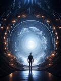 Fototapeta  - Explorer Prepares to Enter a Mysterious Portal to Travel to Alien World or Another Dimension