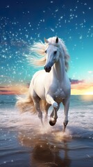 Wall Mural - a beautiful white wild horse with very Long hair running in a soft white sand beach