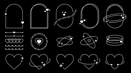 Poster - Set of Valentine Day graphic retro white outline frames in Y2K aesthetics, picture borders with hearts and sparkles, holiday decorations, stickers, backgrounds, vector illustration.