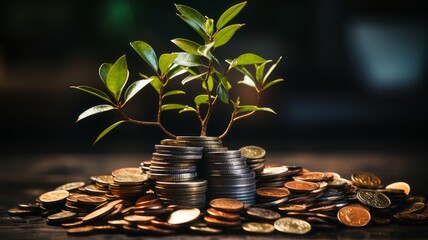 Plant growing in jar with coins. Concept of profitable investments.