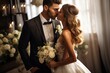 wedding, bridal, celebrationration and people concept - happy bride and groom hugging in cafe, The groom kisses his sweetheart bride at their wedding after ceremony. Wedding day, AI Generated