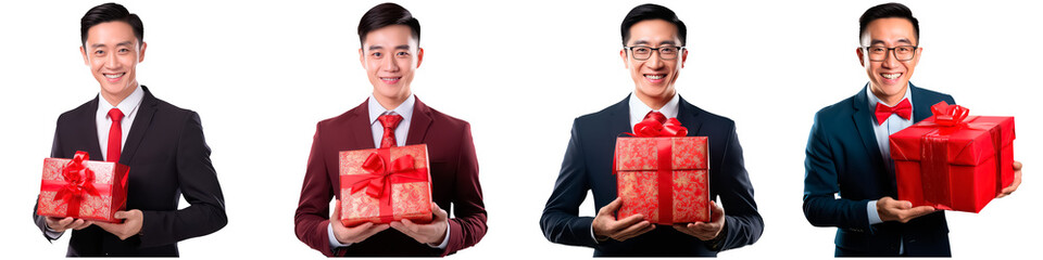 businessman with gift in hand on white background, chinese new year and christmas concept