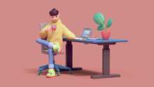 Young Tall Successful Kawaii Funny Asian Programmer Guy In Yellow Hoodie, Green Sneakers Sits Cross-legged On Gray Office Chair At Blue Computer Desk Holds Red Cup Of Coffee In Hand, Enjoys. 3d Render