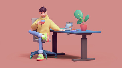 Young tall successful kawaii funny asian programmer guy in yellow hoodie, green sneakers sits cross-legged on gray office chair at blue computer desk holds red cup of coffee in hand, enjoys. 3d render