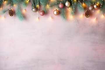  a colorful christmas border with christmas brance, pine tree leaf, little lamps decoration, soft pastel background for flat lay, generative ai