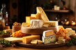Various types of cheese on a wooden round tray on a wooden table. Generated by artificial intelligence