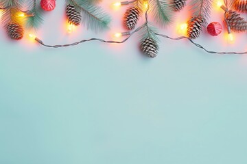 a colorful christmas border with christmas brance, pine tree leaf, little lamps decoration, soft pastel background for flat lay, generative ai