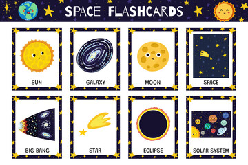 Wall Mural - Space flashcards collection with cute characters and cosmic elements. Flash cards set for kids for practicing reading skills. Learn space vocabulary for school and preschool. Vector illustration