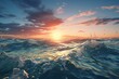 3D rendering of offshore wind farm producing green energy. Wind turbines work in ocean, generating electricity for cities. Morning sunrise over peaceful waves. Generative AI