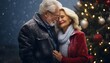 Romantic sweet senior couple hugging, Christmas tree, smiling while celebrating new year eve and enjoying spending time together in Christmas time outside, snowing, dancing