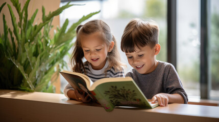 Wall Mural - Two little preschoolers reading a book sitting at the classroom