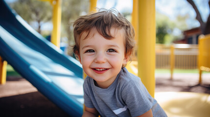 Sticker - Little boy preschooler playing on the playground outside