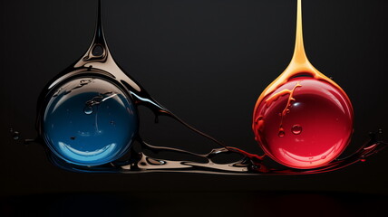 Poster - Drops oil different colors, splashes of water paint on dark background, macro. Oil refining industry, engine oil. 3d render