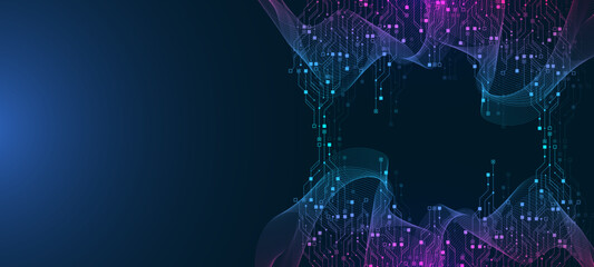 Aufkleber - Quantum computer technologies concept. Futuristic blue circuit board background vector. Modern technology circuit board texture background design. Waves flow. Quantum explosion technology.