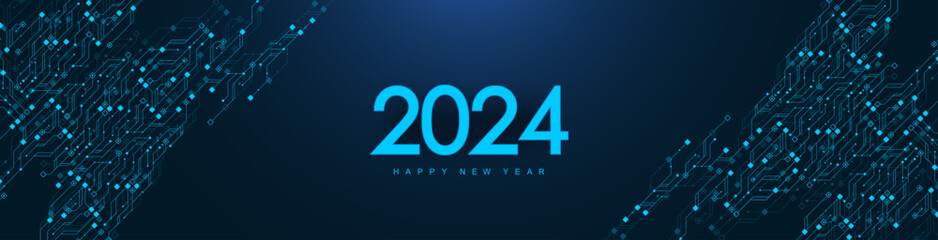 Fototapete - Template New Year and Happy Christmas cards in the style of new technology 2024. Christmas 2024 year on printed circuit board. Digits 2024 in electronic technology style