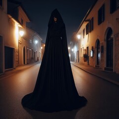 Wall Mural - person in a black long raincoat in the night street