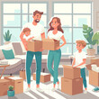 Happy Family in New House, Mom, Dad and Kids Characters Carry Things and Cardboard Boxes. Relocation to Own Apartment, Moving to New Home Concept. Cartoon People Vector Illustration