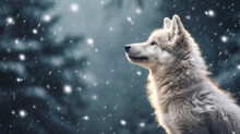 Realistic Profile Of A Wolf In The Snowy Winter Forest. Snowflakes And Moon Lighting. Night Forest. Christmas Postcard. Copy Space. Generative AI
