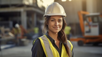 portrait of a smiling young female engineer working at a construction site. Wear a white construction safety helmet, work vest and ppe