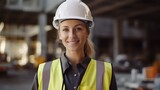Fototapeta  - portrait of a smiling young female engineer working at a construction site. Wear a white construction safety helmet, work vest and ppe
