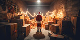 Fototapeta  - Christmas gift delivery Santa Claus standing in shop warehouse storage full of cardboard present boxes concept of logistic e-commerce e-business holiday package goods shipping service