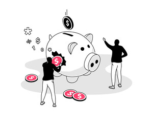 Poster - Investment scam symbol with a fake piggy bank and two persons stealing investors money. Flat design, easy to use for your website or presentation.