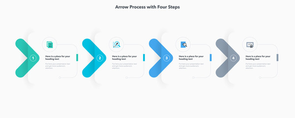 Aufkleber - Arrow process flow diagram with four colorful stages. Presentation template with thin lines and flat icons.