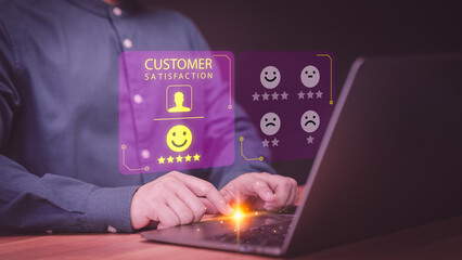 Fototapete - Client give rate assessment 5 star, service experience, online application rating. Testimonial, satisfaction review, feedback, top service excellent. Customer service and satisfaction concept.