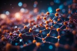 Fototapeta  - Abstract close-up photo of a molecule with orange atoms on a dark blue background with bokeh