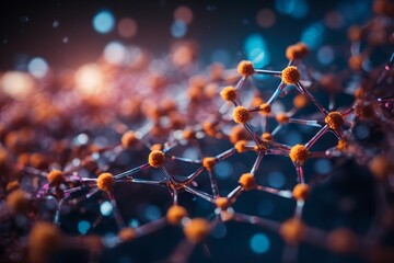 Poster - Abstract close-up photo of a molecule with orange atoms on a dark blue background with bokeh