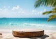 Summer sand and tropical sea background with abstract wood wooden podium for display product mockup