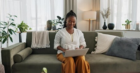 Aufkleber - Black woman on sofa, smile and typing on laptop for remote work, social media or blog post research in home. Happy girl on sofa with computer checking email, website or online chat in living room.