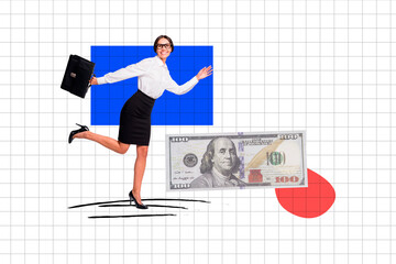 Wall Mural - Banner collage placard of cheerful girl going office work earning money success wealth isolated on drawing checkered page background