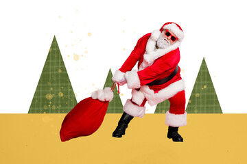 Poster - Template graphics collage image of tired funky santa dragging christmas gifts sack isolated creative background