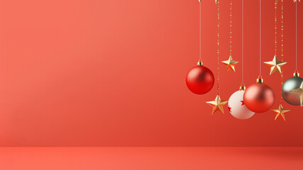 red christmas background with balls, bauble, stars. copt space for text