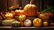 Harvest time table setting with pumpkins. Thanksgiving supper and harvest time beautification
