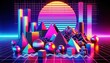 © Glittering Humanity - Retrofuturistic 3D trendy collection. Trendy elements in vaporwave style from 80s 90s. Old wave cyberpunk concept. Shapes design elements for disco genre, retro party. Neon glitch shapes. Nostalgia
