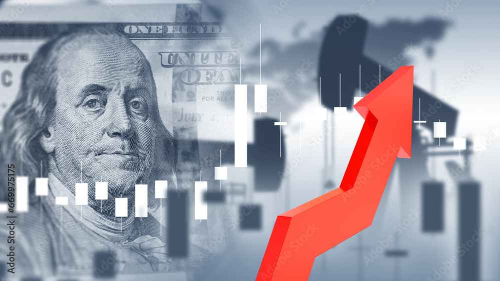 Rising oil prices. Red arrow near oil pump. Fragment of dollar bill ...