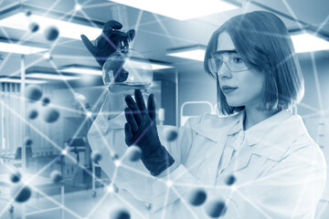 Poster - woman chemist. scientist with glass flask. medical laboratory assistant. chemist holds test tube. wo
