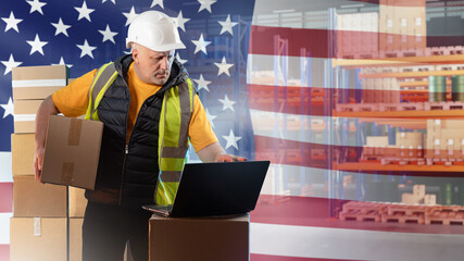 Wall Mural - Man with boxes. USA flag. Delivery of goods from America. Guy with parcels from USA. Storekeeper with laptop. Warehouse worker in USA. Storage business manager. Ordering cargo delivery from us