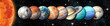 The sun and all the planets of the same size from the solar system are in the correct order. Outer space with stars on the background